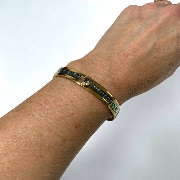 Victoria's Secret Hinged Gold Bangle With Green Botanical Design 2.5" Diameter - Picture 5 of 6